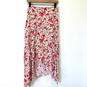 Cellecci Floral Ruffle High-Low Cotton Midi Skirt Pink & White - Small Boho